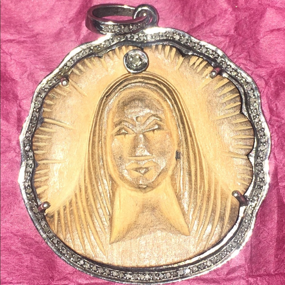 Pave Diamond Natural Wood Virgin Mary 925 Silver